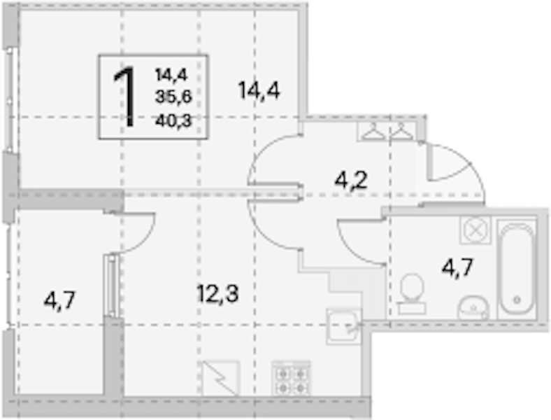 1-комнатная квартира 35.6 м², 3/5 эт., ЖК «ЮгТаун. Олимпийские кварталы»